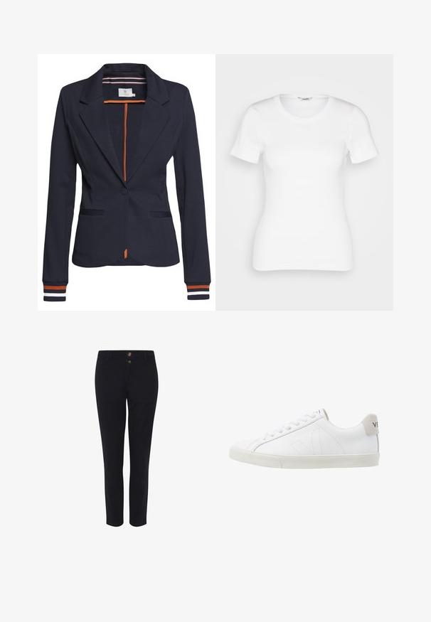 Tumed blazer, millel on kohandatud lõige, millel on üks nupp, kaks esi-taskut ja triibuline detail käiste ja siseruumi peal.; Valge puuvillane t-särk lühikeste varrukatega, ümar kaelus ja ribakujuline tekstuur. Rikkalik disain sujuva ja puhta viimistlusega.; Mustrussid, mis on valmistatud puuvilla segakiust, kahe esipaknaga, sirge lõike ja sujuva tekstuuriga. Ükski mustrit ei ole nähtav.; Valged nahast tossud, millel on tekstureeritud hallikas valge kummitald. Omadusteks on paelad, peene õmblusega detailid ja hall süstree padi kandadel.