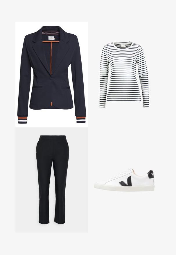 Tumed blazer, millel on kohandatud lõige, millel on üks nupp, kaks esi-taskut ja triibuline detail käiste ja siseruumi peal.; Valge pikakäise särgi horisontaalsed tumesinised triibud ja vasakul rinnal väike roosa südame detail.; Must värvitud siledatest kangast sirgete jalgadega püksid. Omavad fikseeritud vööd, millel ei ole nähtavaid kinnitusi ega taskuid.; Valge tenniseking musta V-logoga, sujuva nahast pealispinnaga, ümarate varvastega, nööridega sulgemisega ja kontrastse musta kannaootsaga.