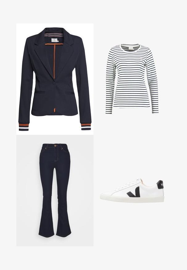 Navyblazer mit figurbetonter Passform, ausgestattet mit einem einzigen Knopf, zwei Fronttaschen und gestreiften Details an den Ärmelbündchen und im Innenfutter.; Weißes Langarmshirt mit horizontalen marineblauen Streifen und einem kleinen pinkfarbenen Herzdetail auf der linken Brust.; Marks & Spencer Eva - Jeans Bootcut - blue denim; Weißer Sneaker mit einem schwarzen V-Logo, ausgestattet mit einem glatten Lederoberteil, runder Zehenpartie, Schnürverschluss und kontrastierendem schwarzen Fersenbereich.