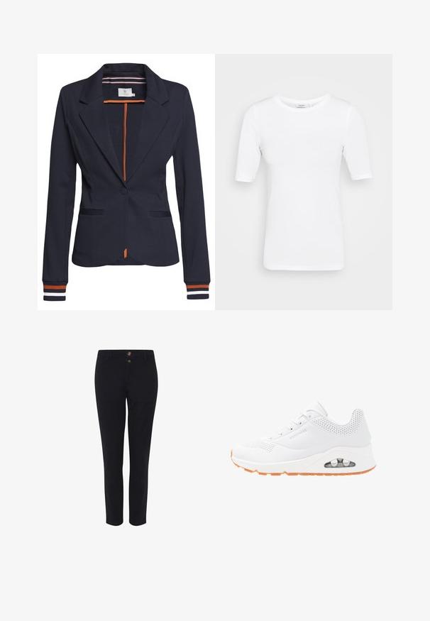 Marineblauwe blazer met een getailleerde pasvorm, voorzien van een enkele knoop, twee voorzakken en gestreepte details op de mouwen en aan de binnenkant.; Witte, lichte, stretch-vriendelijke t-shirt met een ronde halslijn en korte mouwen, met een gladde textuur en zonder zichtbare patronen.; Zwarte op maat gemaakte broek van een katoenmix, met twee knopen aan de voorkant, een rechte snit en een gladde textuur. Geen zichtbare patronen.; Witte sport sneakers met een gladde synthetische bovenkant, geperforeerde accenten, vetersluiting, gevoerde zool en een transparante luchtunit in de hiel.