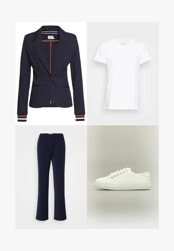 Navyblazer mit figurbetonter Passform, ausgestattet mit einem einzigen Knopf, zwei Fronttaschen und gestreiften Details an den Ärmelbündchen und im Innenfutter.; Weißes Kurzarm-T-Shirt aus weicher Baumwolle. Mit rundem Halsausschnitt und einem leicht lockeren Schnitt sowie seitlichen Schlitzen für zusätzlichen Komfort.; Marineblaue, gerade geschnittene Hose aus dehnbarem Stoff mit elastischem Bund und zwei Taschen vorne. Glatte Textur, keine sichtbaren Muster.; Weißer Low-Top-Sneaker mit weißen Schnürsenkeln und Gummisohle, seitlich auf neutralem Hintergrund dargestellt.