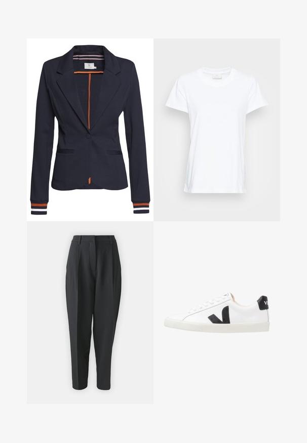 Blazer azul marino con un corte ajustado, que presenta un solo botón, dos bolsillos frontales y un detalle de rayas en los puños y el interior.; Camiseta blanca de manga corta hecha de algodón suave. Presenta un escote redondo y un corte ligeramente holgado con aberturas laterales para mayor comodidad.; Pantalones negros ajustados con cintura alta, pinzas y pierna entallada. Tejido liso sin patrones ni adornos visibles.; Zapatilla blanca con un logo en V negro, con una parte superior de cuero liso, puntera redonda, cierre de cordones y una lengüeta en el talón de color negro en contraste.
