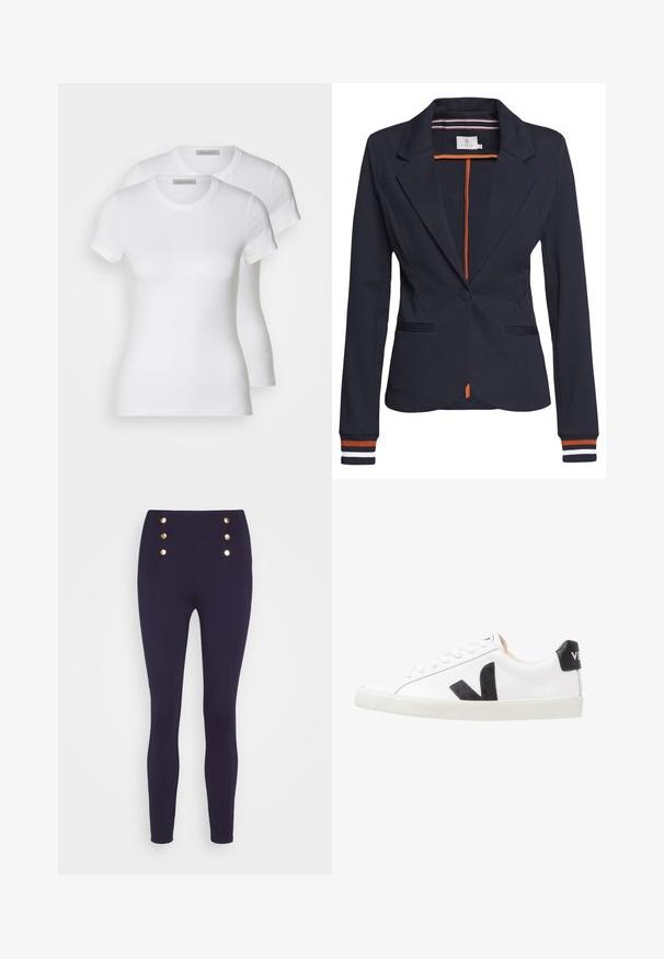 Marineblauwe blazer met een getailleerde pasvorm, voorzien van een enkele knoop, twee voorzakken en gestreepte details op de mouwen en aan de binnenkant.; Twee witte katoenen t-shirts met korte mouwen, ronde halslijnen en een getailleerd silhouet, met een zachte textuur en minimalistisch ontwerp.; Marine hoge taille broeken gemaakt van elastische stof, met gouden knoopaccenten aan de voorkant, die taps toelopen naar de enkel.; Witte sneaker met een zwart V-logo, voorzien van een gladleren bovenwerk, ronde neus, vetersluiting en een contrasterende zwarte hieltab.