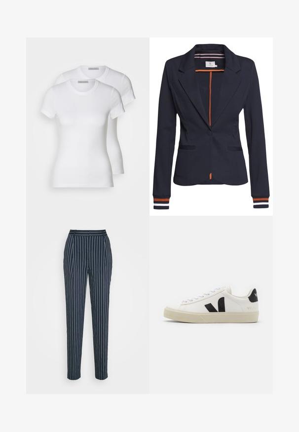 Marineblauwe blazer met een getailleerde pasvorm, voorzien van een enkele knoop, twee voorzakken en gestreepte details op de mouwen en aan de binnenkant.; Twee witte katoenen t-shirts met korte mouwen, ronde halslijnen en een getailleerd silhouet, met een zachte textuur en minimalistisch ontwerp.; Samsøe Samsøe AGNETA TROUSERS - Broek - salute; Witte leren sneaker met zwart rubberen V-logo. Getextureerde off-white zool, witte veters en een achterkant met een detail van de merknaam in het zwart.