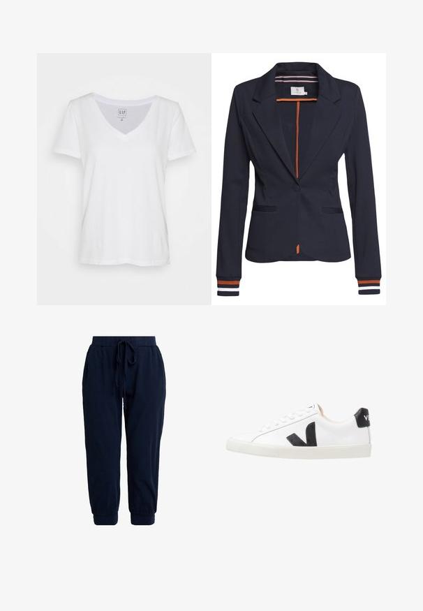 Blazer marine avec une coupe ajustée, présentant un bouton unique, deux poches avant et des détails rayés aux poignets et à l'intérieur.; T-shirt en coton blanc à col en V, à manches courtes, avec une coupe décontractée et une étiquette près de l'encolure. Texture lisse, sans motifs ni accents.; Pantalon de jogging bleu marine en tissu doux. Il est doté d'une ceinture élastique avec cordon de serrage et de chevilles resserrées pour une coupe décontractée.; Baskets blanches avec un logo V noir, présentant un dessus en cuir lisse, un bout rond, un système de laçage et un empiècement au talon noir contrastant.