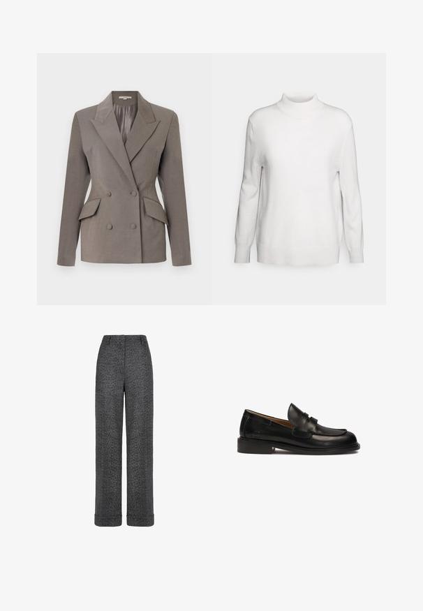 Dobbeltbrystet grå blazer med satinfor, spids lapel, to frontlommer og lukning med to knapper. Skræddersyet pasform med strukturerede skuldre.; pure cashmere MOCKNECK - Striktrøje - vintage white; Grå uldbukser med fiskebenmønster, lige ben, opsmøgede kanter og taljebånd med bæltestropper.; Sort læder loafers med rund tå, dekoreret overrem og lav stablet hæl. Glat tekstur og minimale syninger.