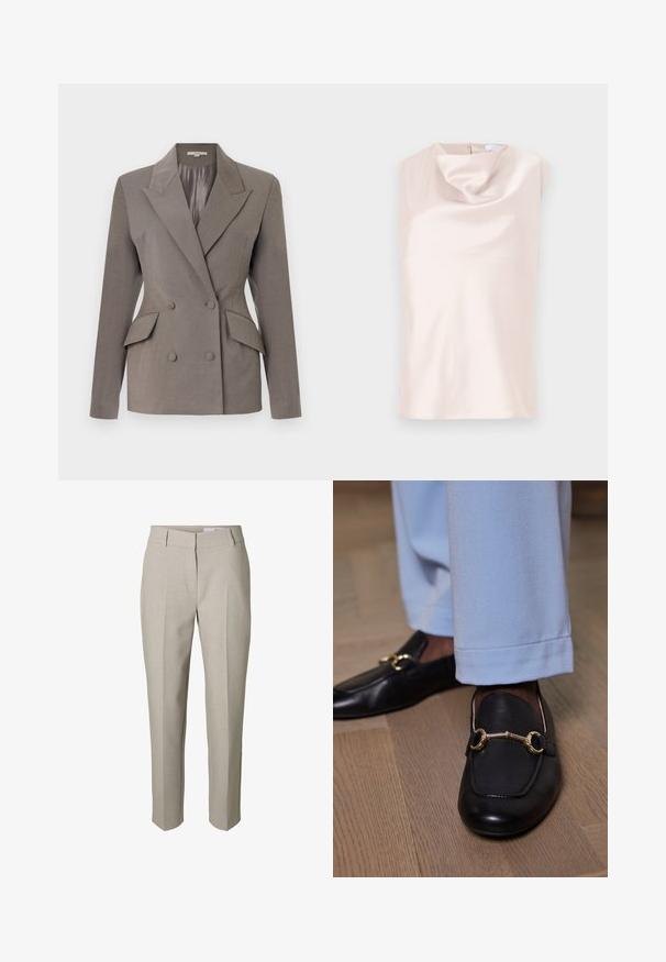 Dobbeltbrystet grå blazer med satinfor, spids lapel, to frontlommer og lukning med to knapper. Skræddersyet pasform med strukturerede skuldre.; Ærmeløs top i silkelignende stof i blød beige med en draperet cowl-halsudskæring. Har en diskret lynlås bagpå og en glat, blank tekstur.; Beige skræddersyede bukser med bæltestropper, lynlås foran og pressede læg ned langs benene, vist mod en hvid baggrund.; Sorte læder loafers med guld metalbit detalje båret med lyseblå bukser på trægulv.