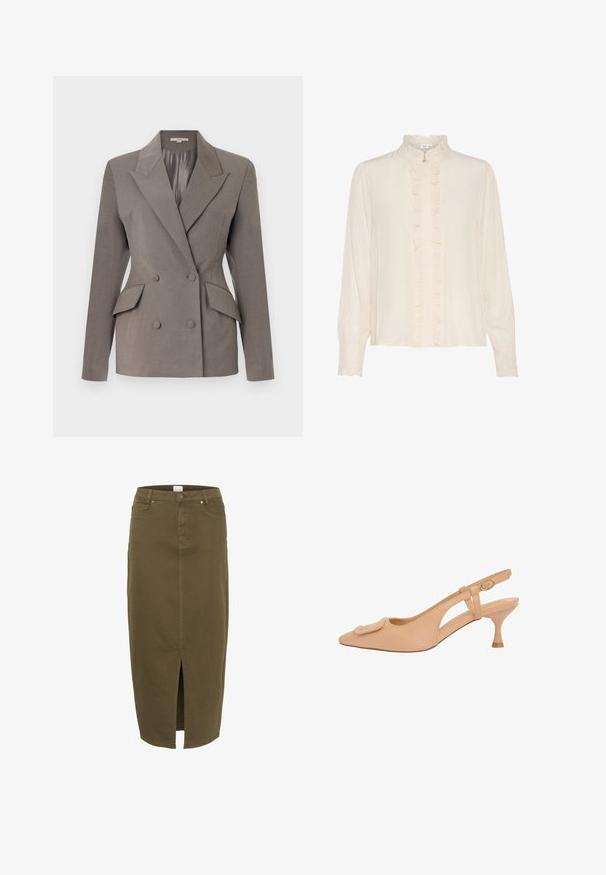 Dobbeltbrystet grå blazer med satinfor, spids lapel, to frontlommer og lukning med to knapper. Skræddersyet pasform med strukturerede skuldre.; Cremefarvet bluse med høj flæsekrave, knaplukning foran og lange ærmer med flæsemanchetter samt en glat tekstur.; Olivengrøn denimnederdel, knælængde med en frontal slids, bæltesløjfer og to forlommer, med diskrete stikninger.; Beige spids tå slingback-hæl med spænde og dekorativ firkantet detalje foran, med en lav, buet kilehæl.