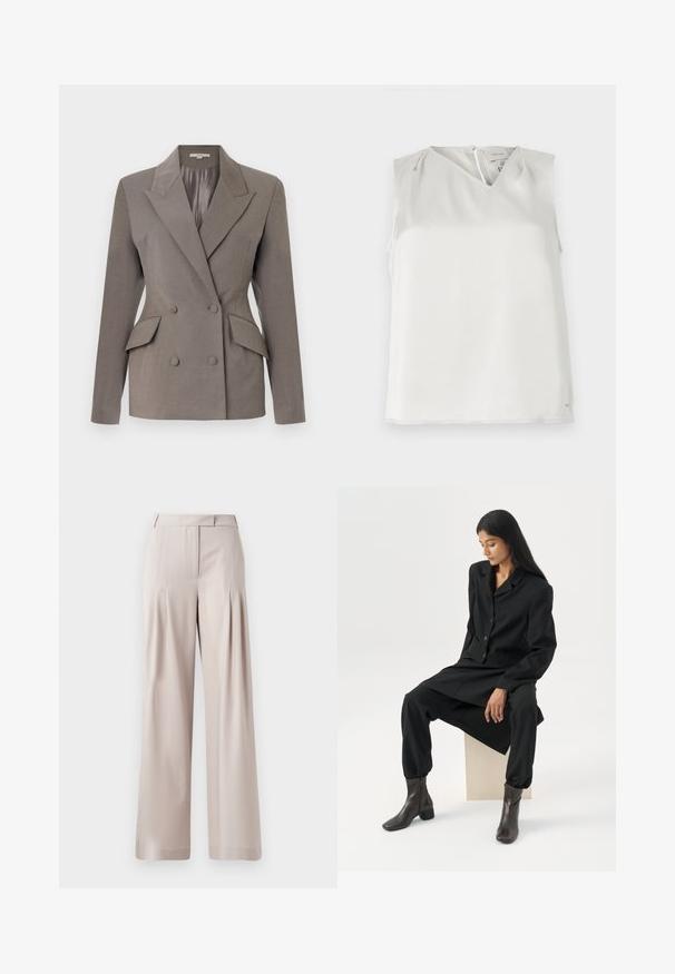 Blazer gris à double boutonnage avec un intérieur en satin, revers pointus, deux poches avant et fermeture à deux boutons. Coupe ajustée avec épaules structurées.; Blouse blanche sans manches avec col en V, plis subtils aux épaules et fermeture éclair au dos, présentée sur un fond uni.; Pantalons larges beiges avec une texture lisse, un design plissé à l'avant et une taille ajustée. Convient pour une tenue formelle ou décontractée.; Femme aux longs cheveux foncés assise, portant un blazer noir ample, un pantalon large assorti et des bottines foncées, sur un fond blanc uni.