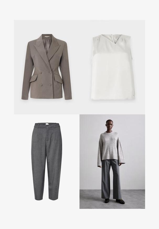 Blazer gris à double boutonnage avec un intérieur en satin, revers pointus, deux poches avant et fermeture à deux boutons. Coupe ajustée avec épaules structurées.; Blouse blanche sans manches avec col en V, plis subtils aux épaules et fermeture éclair au dos, présentée sur un fond uni.; Pantalons gris évasés en tissu texturé ; dotés de plis et d'une taille lisse avec une fermeture dissimulée.; Pull en maille gris avec des manches larges et un ourlet côtelé, assorti à un pantalon gris taille haute avec un motif à carreaux discret et des mocassins noirs.