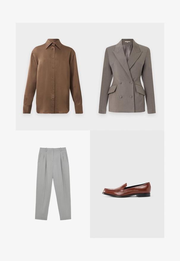 Dobbeltbrystet grå blazer med satinfor, spids lapel, to frontlommer og lukning med to knapper. Skræddersyet pasform med strukturerede skuldre.; Brun langærmet skjorte med knapper, spids krave og manchetter, vist mod en simpel hvid baggrund.; Lysegrå formelle bukser med frontplisser, sidelommer, bæltestropper og en tilspidset benform.; Brune læder loafers med en glat finish, rundet tå, lav hæl og minimal syning. Har et lille logo på siden.