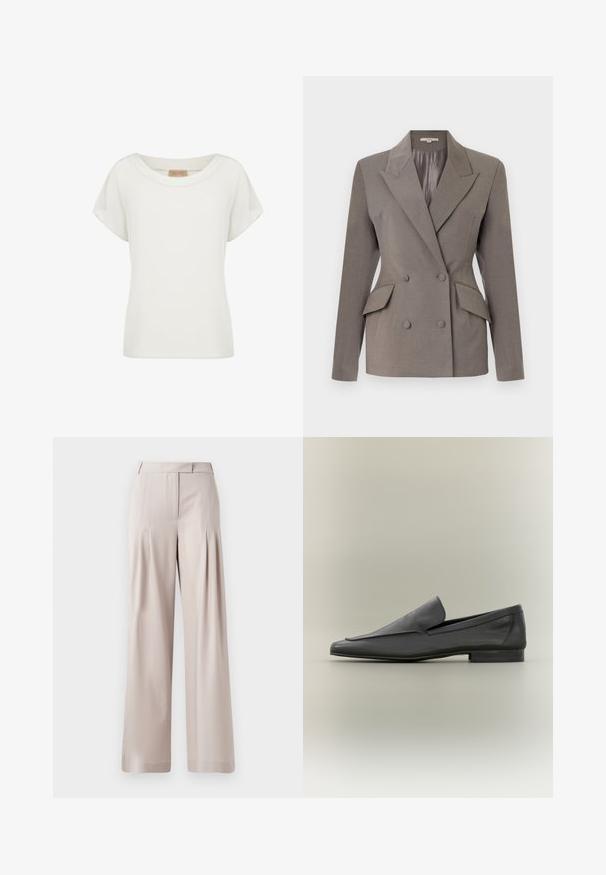Dobbeltbrystet grå blazer med satinfor, spids lapel, to frontlommer og lukning med to knapper. Skræddersyet pasform med strukturerede skuldre.; Hvid kortærmet dametop med rund halsudskæring og en lille beige label indeni kraven.; Beige vidde bukser med en glat tekstur, plisseret frontdesign og en skræddersyet talje. Velegnet til formelt eller afslappet brug.; Sorte læder loafers med en glat overflade, spids tå og minimalistisk design. Lav stablet hæl og subtile syninger.