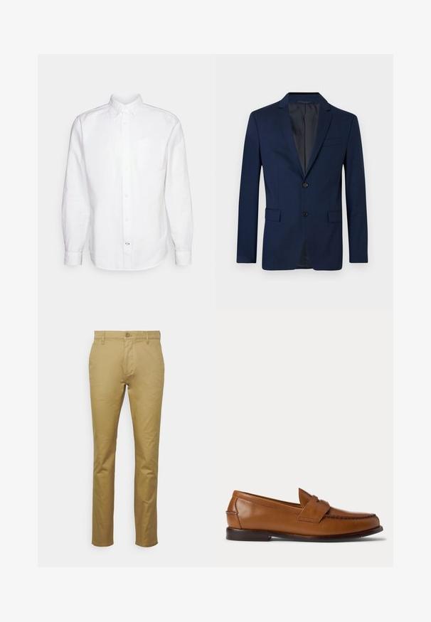 Blazer marine avec une fermeture à un bouton, deux poches latérales et une poche poitrine. Fabriqué en tissu lisse avec une coupe ajustée et des revers crantés.; GAP STANDARD OXFORD - Chemise - white; Chino kaki en coton lisse, avec un design classique à jambe droite, une poche avant et une fermeture à un bouton à la taille.; Chaussure penny loafer en cuir marron avec talon bas et détails cousus sur l’avant et les côtés, vue de côté sur fond blanc.