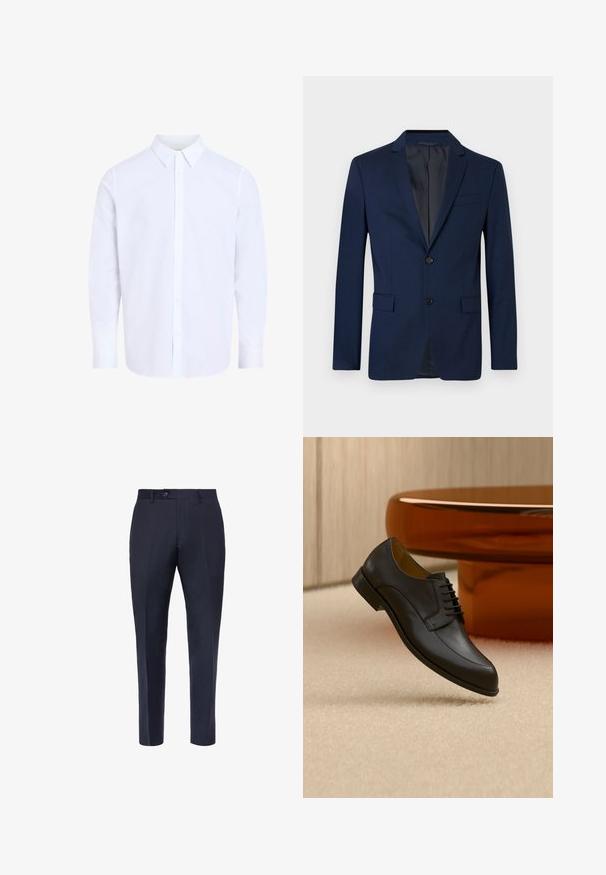 Blazer marine avec une fermeture à un bouton, deux poches latérales et une poche poitrine. Fabriqué en tissu lisse avec une coupe ajustée et des revers crantés.; Chemise blanche à manches longues avec col classique, en tissu lisse, avec une patte de boutonnage devant et un ourlet arrondi.; Boggi Milano BIRD S EYE - Pantalon classique - navy blue; Chaussure habillée en cuir noir à lacets flottant au-dessus d'un tapis beige, avec une table ronde orange en arrière-plan.