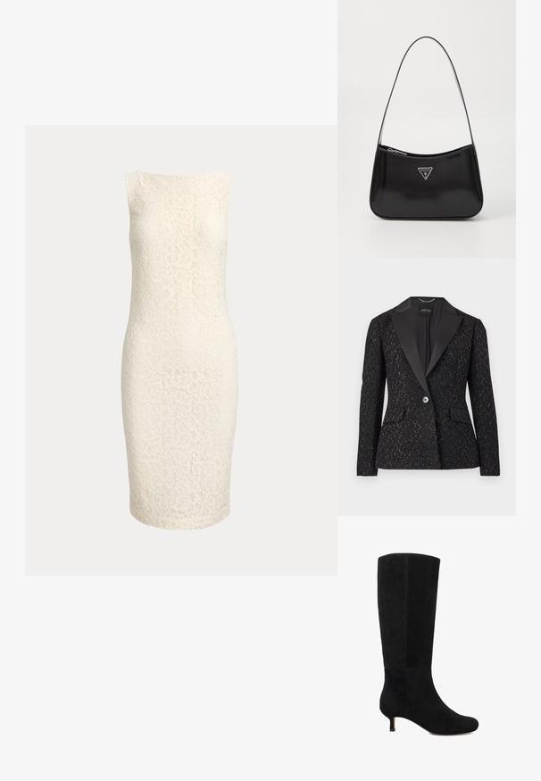 Blazer noir avec un motif texturé, revers en satin, deux poches avant, fermeture à un bouton, et accents métalliques subtils.; Robe blanche en dentelle sans manches longueur genou avec motif floral et silhouette ajustée sur fond uni.; Botte noire en daim arrivant au genou avec un bout arrondi et un talon bas et fin. Texture lisse avec une silhouette ajustée et sans métal apparent.; Sac à épaule en cuir verni noir avec une forme incurvée, présentant un logo triangle en argent et une fermeture éclair. Texture lisse et bandoulière fine.
