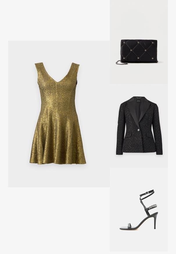 Sort blazer med en struktureret mønster, satin revers, to forlommer, enkelt knaplukning og diskrete metalliske accenter.; Gul palietkjole med V-udskæring, tætsiddende liv og yndig nederdel. Lavet af tekstureret materiale med en skinnende overflade. Uden ærmer.; Sort højhælet sandal med tynd ankelrem, midtfodsrem dekoreret med sølvkædeled og åben tå-design.; Sort, kviltet satin clutch med sølvfarvede pyramidespidser, kædetræk, rektangulær form og glat overflade. Dimensioner: 10 cm x 18 cm x 4 cm.