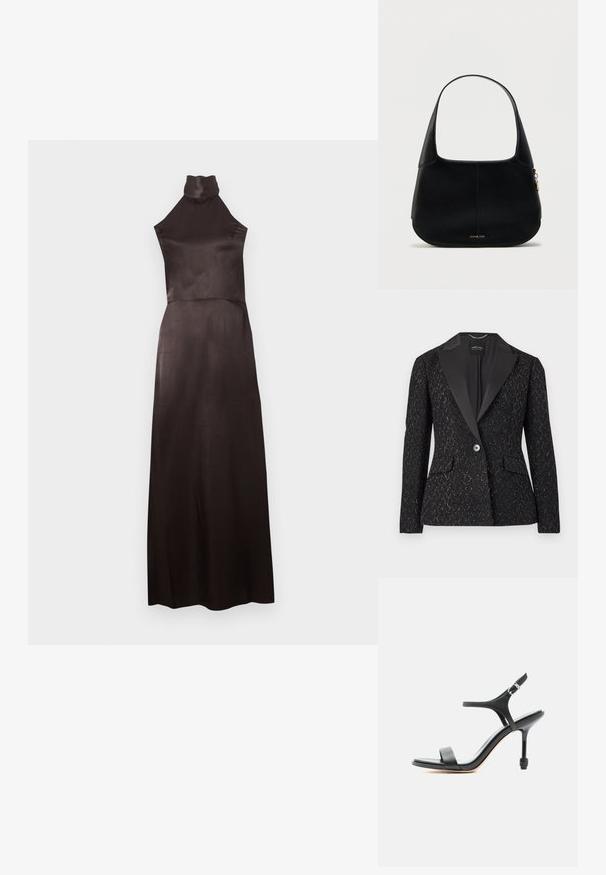 Sort blazer med en struktureret mønster, satin revers, to forlommer, enkelt knaplukning og diskrete metalliske accenter.; Ærmeløs, sort kjole med høj hals i glat satin. Gulvlængde med figursyet overdel og flydende skørt. Minimalistisk detaljering.; Sort læder sandal med høje hæle, tynde stropper, åben tå og justerbar ankelspænde, vist mod en ensartet hvid baggrund.; Sort skuldertaske i læder med rund form, kort håndtag og minimalistisk design. Har en subtil tekstur og en gulddetalje med logo.