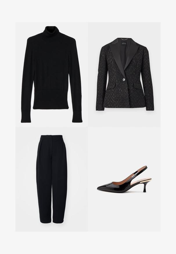 Blazer negro con un patrón texturizado, solapa de satén, dos bolsillos delanteros, cierre de un solo botón y sutiles detalles metálicos.; AERON TENDER LONG SLEEVED - Jersey de punto - black; Pantalones negros de cintura alta con un corte holgado, que presentan plisados frontales, una textura suave y sin bolsillos o adornos visibles.; Zapato de salón slingback de charol negro con punta afilada y tacón bajo tipo kitten sobre un fondo blanco liso.