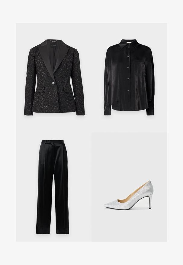 Blazer negro con un patrón texturizado, solapa de satén, dos bolsillos delanteros, cierre de un solo botón y sutiles detalles metálicos.; Camisa negra de manga larga con botones, hecha de una tela suave y lustrosa. Incluye un collar de punta y un único bolsillo en el pecho.; Pantalones de satén negros de tiro alto con piernas anchas rectas, presillas para cinturón y cierre frontal plano sobre un fondo blanco liso.; Zapato de tacón alto plateado con brillos, punta afilada y forro interior suave. El tacón es delgado, realzando el diseño elegante.