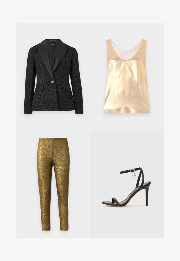 Schwarzer Blazer mit strukturiertem Muster, Satinrevers, zwei Fronttaschen, Ein-Knopf-Verschluss und dezenten metallischen Akzenten.; Metallisch goldene ärmellose Bluse mit tiefem Ausschnitt. Glatte Textur, figurbetontes Design und eine weiche Innenauskleidung.; Goldene metallische Leggings mit einem strukturierten, vertikalen Streifenmuster. Der Stoff hat ein glänzendes Finish und eine schlanke, figurnahe Silhouette.; Schwarze High-Heel-Sandale mit schmalem Knöchelriemen, quadratischer Zehenbox, glattem Leder und metallischem Schnallenakzent.