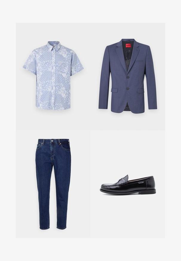 Blazer azul marino de tejido suave con un diseño estructurado, que cuenta con dos bolsillos frontales y un cierre de un solo botón. Etiquetado en el interior.; Camisa de botones de manga corta en tela azul clara, con un patrón floral blanco y un bolsillo en el pecho con una etiqueta de logo.; Vaqueros de mezclilla azul oscuro de corte recto, con cierre frontal de botón y cremallera, trabillas para cinturón y bolsillos delanteros y traseros.; Mocasines de cuero negro con acabado brillante, que presentan un diseño cosido en la puntera y una suela baja de goma negra texturizada.