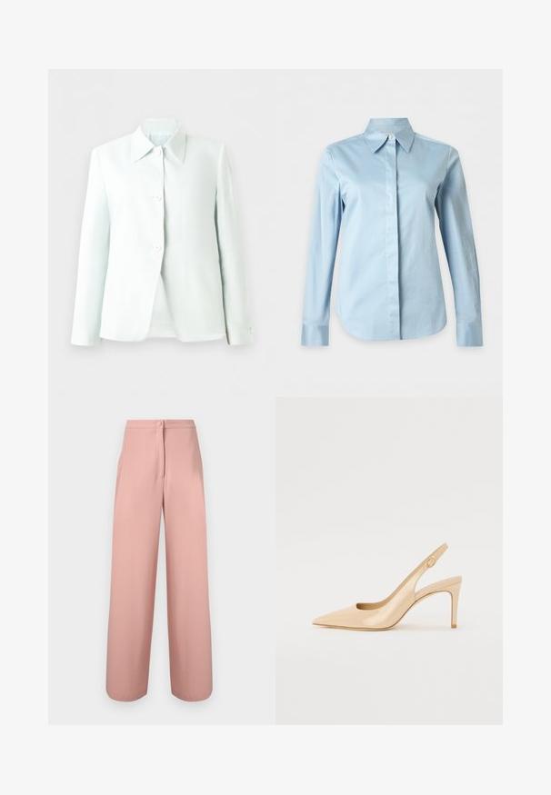 Blazer blanc boutonné avec col pointu et manches longues, présenté sur un fond uni.; Chemise bleu clair à manches longues, col pointu et boutons cachés sur le devant sur un fond uni.; Pantalon taille haute à jambes larges en tissu rose doux avec bouton devant et fermeture éclair dissimulée.; Escarpin slingback en cuir verni nude avec un bout pointu, un décolleté ouvert et un talon aiguille fin. Comprend un accent doré circulaire sur la sangle.