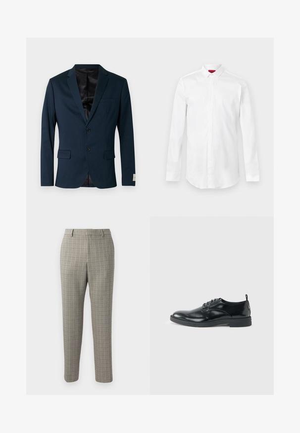 Marineblå blazer af glat stof med en haket revers, to knapper, to forlommer og en sort foring.; Hvid skjorte med lange ærmer, spids krave og skjult knaplukning, vist på en ensartet lys baggrund.; Bukser i en lys beige stof med et ternet mønster i mørkebrun og marineblå, med lige snit og standart talje.; Blank sort læder dresssko med lav hæl, snørelukning og rund tå, vist fra siden på ensfarvet lys baggrund.