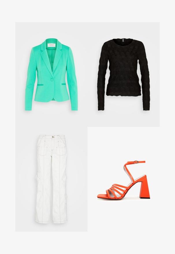 Blazer turquesa con un diseño entallado, cierre de un solo botón, solapas con muesca y bolsillos laterales. Fabricado en tela texturizada.; Pieces PCLOLA O NECK - Camiseta de manga larga - black; BDG Urban Outfitters Vaqueros boyfriend - white; Sandaia de tacón cuadrado naranja con múltiples correas delgadas y hebilla en el tobillo. Textura suave y diseño de punta cuadrada. Suela negra plana.