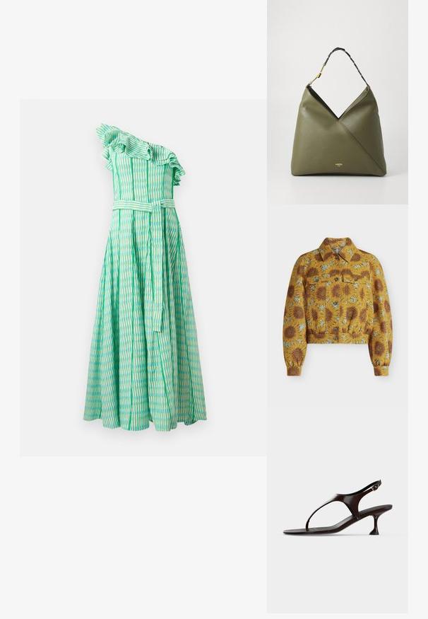 Gul cropped jakke med brune solsikker og blå detaljer, frontknapper, brystlommer, lange ærmer og spids krave.; Én-skuldret grøn kjole med bølgede flæser, lodrette striber i varierende nuancer af grøn og blå samt et matchende bælte i taljen.; Mørkebrun laklædersandal med rem bagpå, lille hæl og tårem på hvid baggrund.; Olivengrøn, lædertaske med en snoet skulderrem og guldfarvet hardware. Har en skrå sømdesign og præget logo på forsiden.