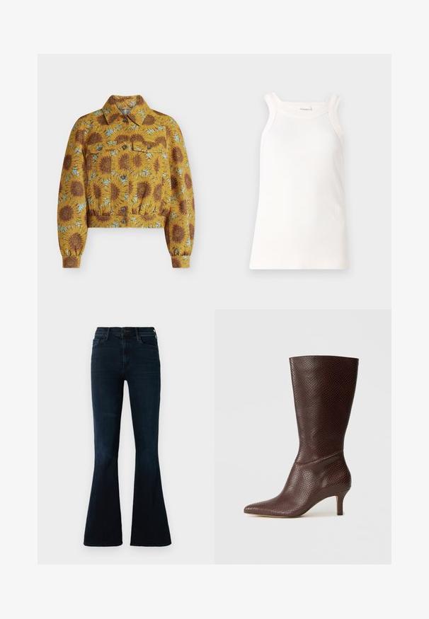 Gelbe, kurz geschnittene Jacke mit braunen Sonnenblumen und blauen Akzenten, Frontknöpfen, Brusttaschen, langen Ärmeln und spitzem Kragen.; Weißes geripptes Tanktop mit rundem Ausschnitt und breiten Trägern. Verfügt über ein dezentes Logo-Detail am Saum. Weicher Stoff mit figurbetonter Passform.; Dunkelblaue Schlagjeans aus Denim mit hoher Taille, normalen Taschen und leichter Ausbleichung des Stoffes.; Braune Kunstleder-Ankle-Boots mit spitzem Zeh, strukturiertem Schlangenprint und einem 5 cm hohen Absatz, die ein schlankes, elegantes Design aufweisen.