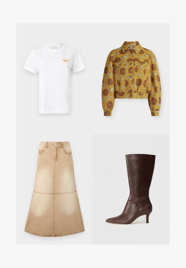 Veste courte jaune avec des tournesols bruns et des accents bleus, boutons sur le devant, poches poitrine, manches longues et col pointu.; T-shirt en coton blanc à manches courtes. Présente un graphique de soleil orange et le texte "Closed" sur le côté gauche de la poitrine. Col ras du cou classique.; Jupe en denim marron clair coupe trapèze avec coutures devant et derrière, fermeture par boutons et passants pour ceinture.; Bottine marron en simili cuir avec un bout pointu, un imprimé serpent texturé et un talon de 5 cm, présentant un design élégant et épuré.