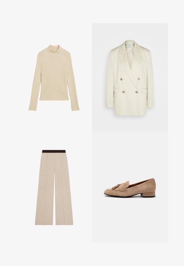 Dubbelzijdig blazer van roomkleurige linnen met pieklapels, twee voorzakken en metalen knopen. Rechte silhouet en gladde textuur.; Geribbeld gebreide longsleeve top in off-white met een hoge kraag en een slim fit. Heeft een verticale textuur en een cropped zoom.; Beige broek met wijde pijpen en een donkerbruine elastische tailleband, met subtiele verticale naaddetails.; Beige suède loafer met lage hak en kwastdecoratie aan de voorkant en een afgeronde neus, getoond vanaf de zijkant op een witte achtergrond.