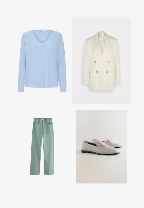 Dubbelzijdig blazer van roomkleurige linnen met pieklapels, twee voorzakken en metalen knopen. Rechte silhouet en gladde textuur.; Lichtblauwe gebreide trui met een V-hals, lange mouwen en een geribbelde stof. Kenmerkt zich door een comfortabele pasvorm en zachte stof.; Lichtgroene denim jeans met wijde pijpen, voorknop, ritssluiting, riemlussen en ontwerp met vijf zakken.; Lichtgrijze leren loafers met een slank ontwerp,Featuring goudkleurige hardwareaccenten en een zwarte zool. Gladde textuur en puntige neusvorm.