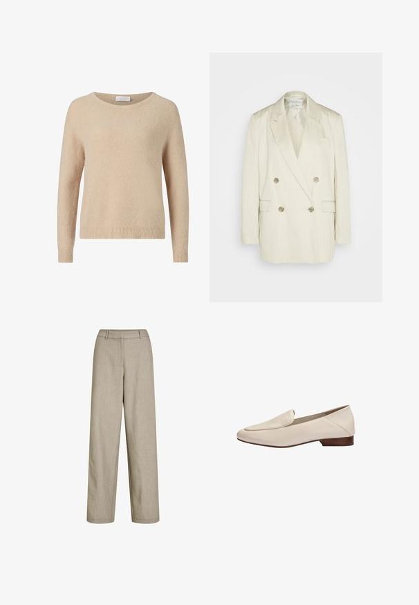 Dobbeltbrystet blazer i cremefarvet linen med spidse klapjer, to forlommer og metallisk knapper. Lige silhuet og glat tekstur.; Beige striktrøje med rund halsudskæring, lange ærmer og ribkant. Blød tekstur og afslappet pasform. Mærke synligt ved halsudskæringen.; Beige bukser med høj talje og brede ben med bæltestropper og skjult frontlukning, lavet af letvægtsstof.; Beige læderloafer med lavt træhæl og afrundet firkantet tå, sidevisning mod hvid baggrund.