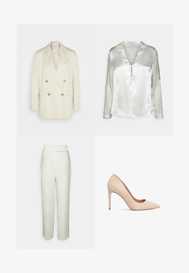 Dobbeltbrystet blazer i cremefarvet linen med spidse klapjer, to forlommer og metallisk knapper. Lige silhuet og glat tekstur.; STUDIO ID ALYSSA - Bluse - champagne; Halston KARTER WEDDING PANT - Bukser - chalk; Beige læder højhælede pumps med spids tå og en glat tekstur. Har en slank stilettohæl og et lavt skårede design.