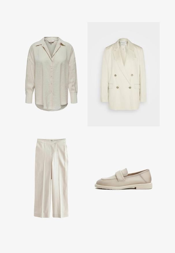 Dobbeltbrystet blazer i cremefarvet linen med spidse klapjer, to forlommer og metallisk knapper. Lige silhuet og glat tekstur.; Lys beige skjorte med knapper og krave, lange ærmer og et let struktureret stof. Har en buet kant og knapper foran.; Next ASYMETRIC WAITBAND TAILORED WIDE LEG - Bukser - neutral; Beige læder loafers med en jævn tekstur, der har et forhøjet bånd over forgabreren og en lav, flad gummisål.