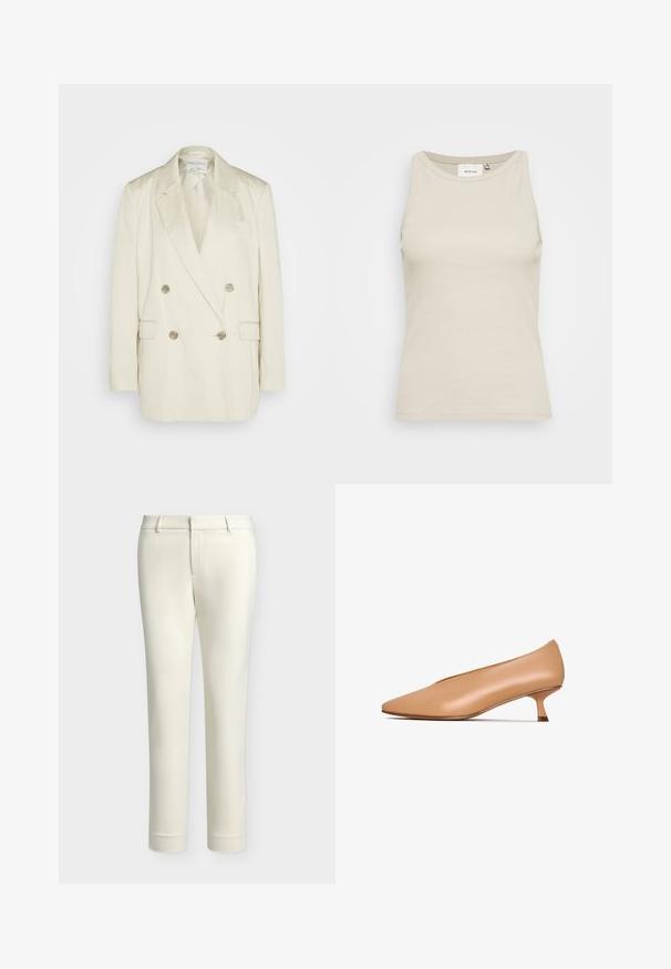 Dubbelzijdig blazer van roomkleurige linnen met pieklapels, twee voorzakken en metalen knopen. Rechte silhouet en gladde textuur.; Lichtbeige tanktop van ribstof met een ronde hals en mouwloos ontwerp. Voorzien van een subtiele merklabel aan de binnenkant.; Crèmekleurige slim fit broek met riemlussen en een voorrits, weergegeven op een effen lichtgrijze achtergrond.; Nude leren pumps met een spitse neus, lage kittenheel en een gladde textuur. Minimalistisch ontwerp zonder zichtbare patronen of hardwaredetails.