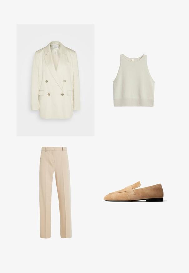 Dobbeltbrystet blazer i cremefarvet linen med spidse klapjer, to forlommer og metallisk knapper. Lige silhuet og glat tekstur.; Lysebeige cropped tanktop lavet af blødt materiale. Har rund hals, brede ærmegab og ribbet kant.; Beige skræddersyede bukser lavet af glat stof, med lige ben, sidelommer og folder nedad foran.; Lysebrun ruskindsløs loafer med en lav sort hæl og en bred remdetalje tværs over toppen, vist i sideprofil på hvid baggrund.