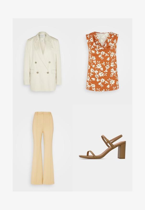 Dobbeltbrystet blazer i cremefarvet linen med spidse klapjer, to forlommer og metallisk knapper. Lige silhuet og glat tekstur.; Anna Field by Zalando Top - brown/white; Guess Originals CLAIRE PINTUCK FLARED PANTS - Bukser - honey oat; Lysebrune hælede sandaler med to slanke stropper og en firkantet blokhæle. Glat materiale med minimalistisk design og en lille guldbeslag detalje.