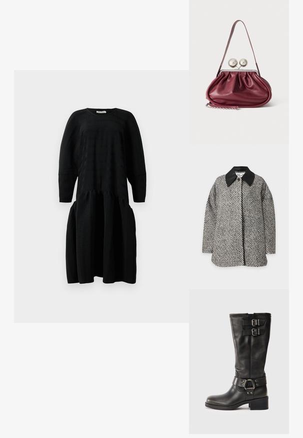 Schwarz-weißer Fischgrätmantel mit langen Ärmeln und einem kontrastierenden schwarzen Lederkragen mit spitzem Schnitt.; Schwarzes, strukturiertes Midikleid mit langen Ärmeln, geraffter Taille und rundem Halsausschnitt, vor einem weißen Hintergrund präsentiert.; Schwarze Lederstiefel bis zur Mitte der Wade mit zwei silbernen Schnallen oben und einem dekorativen Riemen mit einem Metallring um den Knöchel, Blockabsatz.; Kleine burgunderrote Lederhandtasche mit gerafften Details, einem dünnen Riemen und einem silbernen Verschluss mit zwei großen runden Knöpfen.