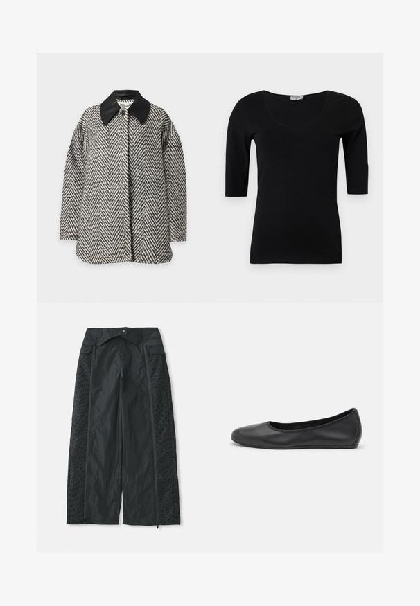 Abrigo con patrón de espiga en blanco y negro, con mangas largas y un cuello puntiagudo de cuero negro a contraste.; Top negro ajustado con escote redondo y mangas hasta el codo, mostrado sobre un fondo blanco.; Pantalones de pierna ancha negros, confeccionados en un material ligero, que presentan patrones texturizados en los laterales y aberturas con cremallera en los dobladillos.; Bailarina de piel negra con punta redondeada, textura suave, detalle de costura minimalista y diseño de suela flexible.