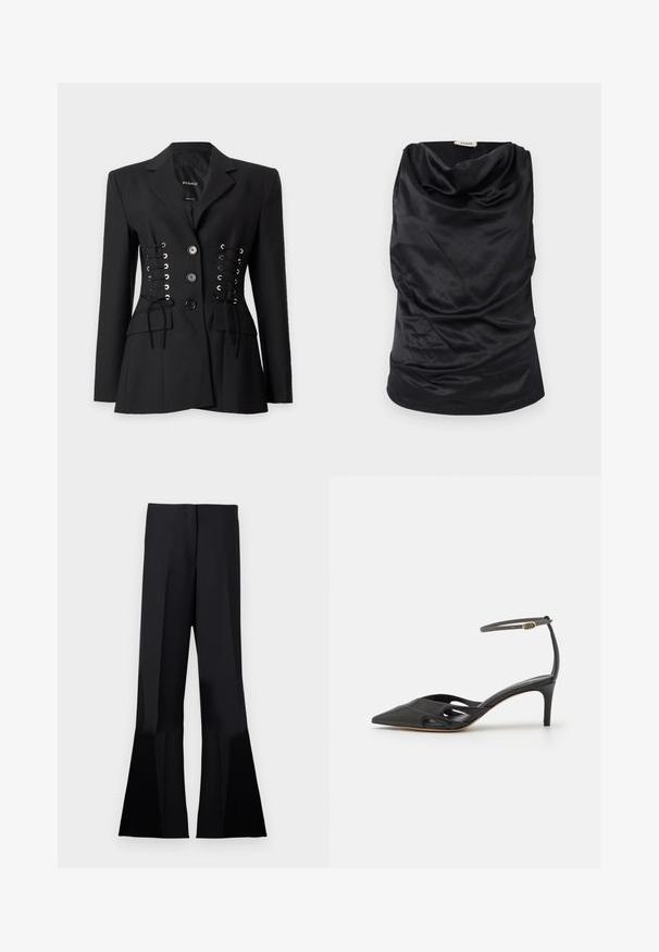 Sort skræddersyet blazer med tre knapper foran, korsetsaftaljedetaljer med snørre på begge sider, reverskrave og lange ærmer.; Sort top med cowl-krave lavet af glat stof, med draperet design, blød tekstur og tætsiddende silhuet. Sømfri finish langs kanten.; Sorte flared bukser med en glat tekstur, der har et højt talje og skarpe læg, som strækker sig til de flagrende benåbninger.; Sort læder højhælet sko med spids tå, åbne sider og en tynd ankelrem med en lille guld detalje.