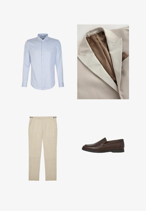 Beige colbert met een gestructureerde buitenkant en een gladde bruine voering. Kenmerkt zich door een notch lapel en een pochet in de borstzak.; Heren overhemd met lange mouwen, lichtblauwe en witte strepen, knoopsluiting aan de voorkant, klassieke kraag, katoen stof, soepele textuur, gebogen zoom.; Beige op maat gemaakte broek met voorzakken, geruite zijkleppen met knopen aan de tailleband en een slanke, rechte pijpvorm.; Bruine leren loafers met een gestructureerd oppervlak, slank profiel en een lage zwarte rubberen zool. Heeft een gestikte detail op de wreef.