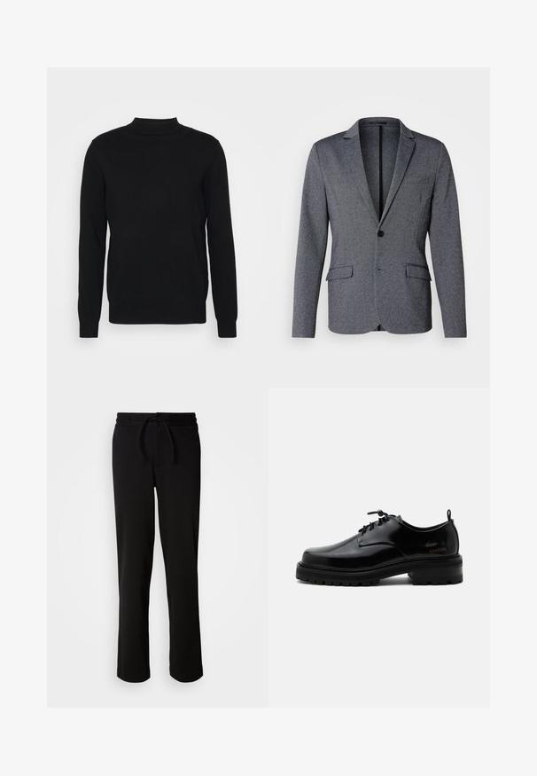 Grå blazer med spidsflip, enkelt knaplukning, to foran lommer og et struktureret stof. Standard pasform med lige søm.; Sort pullovertrøje i blødt stof med høj hals og lange ærmer. Simpelt design, uden mønstre eller udsmykninger.; Sorte sweatpants med snor i taljen, lavet af blødt og strækbart stof. Har en afslappet pasform med lige ben og uden synlige lommer.; Sort poleret læder snørestøvle med tyk gummisål og lav hæl, sideskilt med mærketekst "SAMSOE" og bageste træksnor.