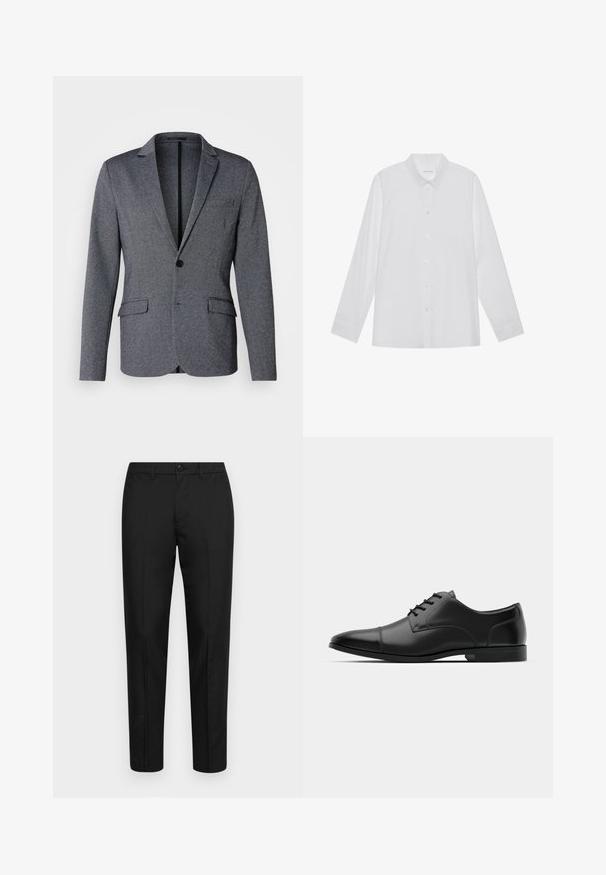 Blazer gris avec un col cranté, fermeture à un bouton, poches frontales doubles et un tissu texturé. Coupe standard avec un ourlet droit.; Chemise blanche à manches longues en tissu lisse, dotée d'un col pointu, d'une fermeture à boutons sur le devant et de poignets à un bouton.; Pantalon noir en tissu lisse avec une coupe slim, doté d'une fermeture à bouton, de passants de ceinture et de jambes droites.; Chaussure habillée en cuir noir avec un bout arrondi, texture lisse, six œillets et une semelle noire basse. Présente une couture discrète sur le bout.