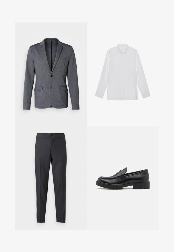 Americana gris con solapa con muesca, cierre de un solo botón, dos bolsillos frontales y una tela texturizada. Ajuste estándar con un dobladillo recto.; Camisa blanca de manga larga hecha de tela suave, con cuello puntiagudo, cierre frontal de botones y puños de un solo botón.; Pantalones de vestir ajustados de color gris oscuro con botón delantero y presillas para cinturón, mostrados planos sobre un fondo blanco.; Mocasines de cuero negro con punta redondeada, diseño sin cordones y suela de goma gruesa con agarre texturizado. Tacón elevado y detalles de costura sutiles.