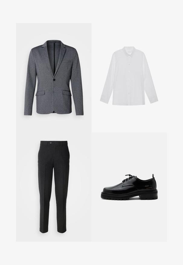 Grijze blazer met een geknipt revers, enkele knoopsluiting, dubbele voorzakken en een geweven stof. Standaard pasvorm met een rechte zoom.; Witte blouse met lange mouwen van soepel stof, met een puntige kraag, voorkant met knoopsluiting en manchetten met één knoop.; Lindbergh Broek - black melange; Zwarte gepolijste leren veterschoen met dikke rubberen zool en lage hak, zijmerktekst "SAMSOE" en een achterste aantreklus.