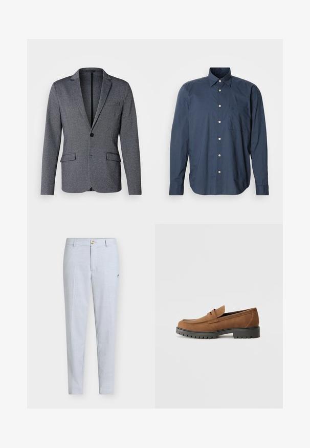 Blazer gris avec un col cranté, fermeture à un bouton, poches frontales doubles et un tissu texturé. Coupe standard avec un ourlet droit.; Chemise bleu marine à manches longues, à motif à petits carreaux, avec une poche poitrine unique et des boutons blancs sur fond uni.; Pantalon bleu clair en tissu texturé, présentant une coupe droite, une fermeture à boutons et un petit motif brodé sur le côté.; Mocassins en daim marron avec un bout arrondi et une semelle noire en caoutchouc basse, présentant une sangle décorative et des détails de couture sur le dessus.