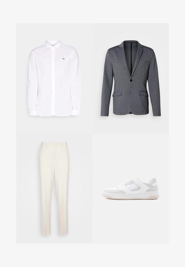 Americana gris con solapa con muesca, cierre de un solo botón, dos bolsillos frontales y una tela texturizada. Ajuste estándar con un dobladillo recto.; Camisa blanca de manga larga hecha de algodón, que presenta un collar tipo button-down, un logo bordado verde en el lado izquierdo del pecho y puños rectos.; Pantalones ajustados de color crema con corte recto, hechos de una tela texturizada. Presentan pasadores para cinturón y cierre frontal con cremallera.; Zapatilla de perfil bajo en blanco y beige claro con cierre de cordones, cuello acolchado y suela de goma sobre un fondo claro y liso.