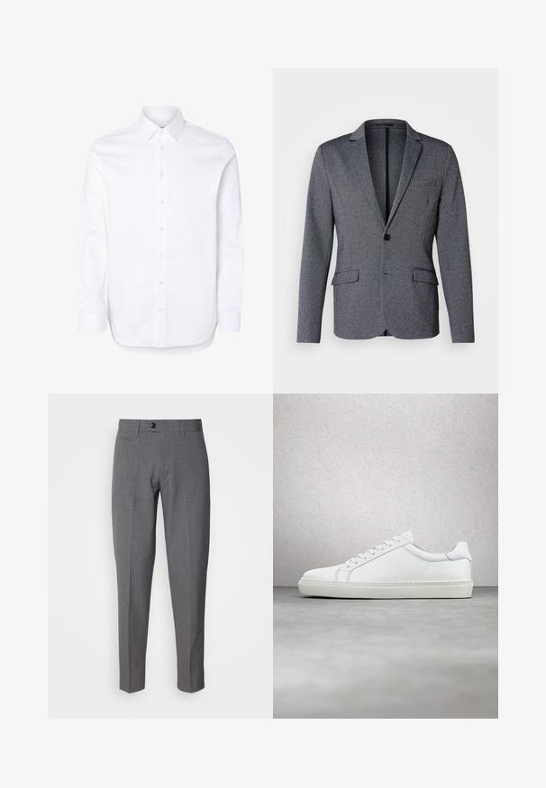 Grauer Blazer mit Reverskragen, einer Ein-Knopf-Verschluss, zwei vorderen Taschen und einem strukturierten Stoff. Normale Passform mit geradem Saum.; Weißes Hemd mit langen Ärmeln, klassischem Kragen und geknöpften Manschetten.; Graue maßgeschneiderte Hose mit glatter Textur, ausgestattet mit einem einzelnen Knopfverschluss, Fronttaschen und einem schlanken Schnitt.; Weißer Sneaker mit glattem Lederobermaterial und niedrigem Profil. Verfügt über eine runde Zehenpartie, sechs Ösen und eine strukturierte Gummisohle.